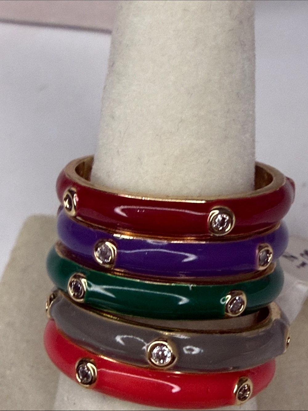 ALL 5 Colorful Enamel Stackable Rings with Crystal Accents Bundle